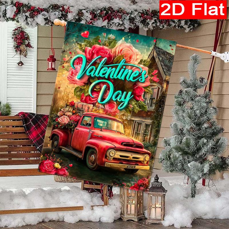 2D Flat - 2D Flat 1pc Red Truck And Rose Valentine'S Day Happy Garden Flag, 1-28X40 Inch Garden Decoration Double S, Home Decoration, Yard Decoration,
