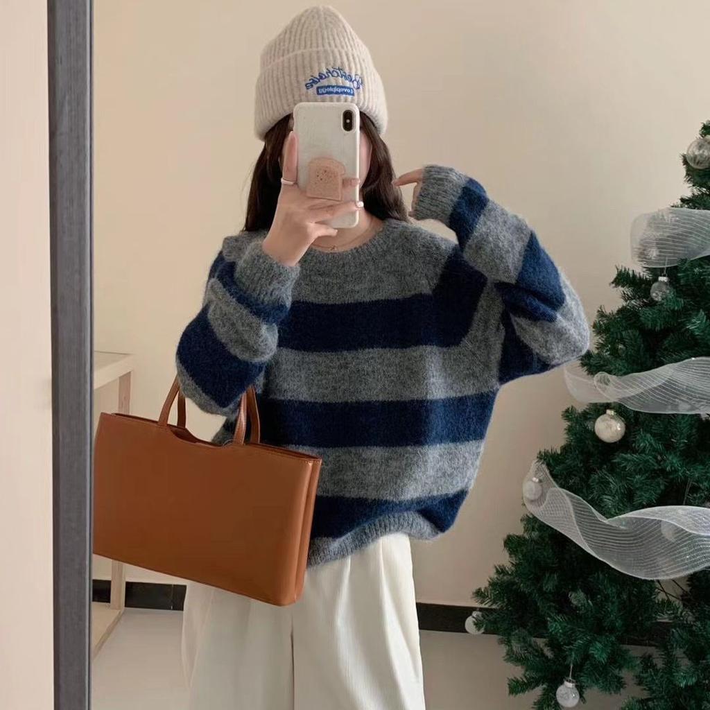 Lazy Wind Autumn and Winter Striped Pullover for Women's Autumn and Winter New Wear Loose Knitted Sweater for Women