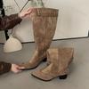 Women High Boots Pointed Toe Knee Boots Elegant Trend Chunky Chelsea Retro Boots Woman Party Pumps High-quality Botas Mujer