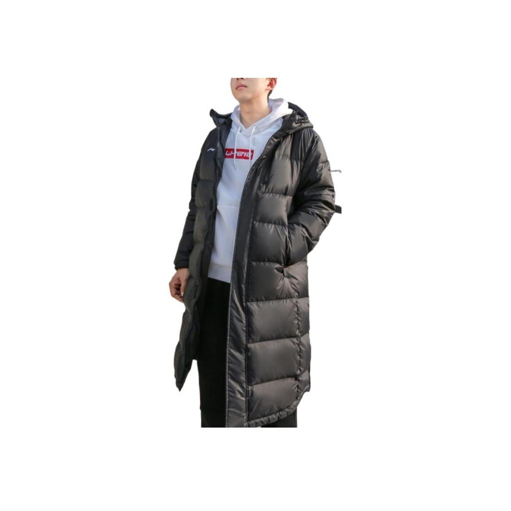 Li Ning Solid Color Hooded Zipper Logo Print Mid-Length Thick Down Jacket Men Outerwear Black AYMS197-1