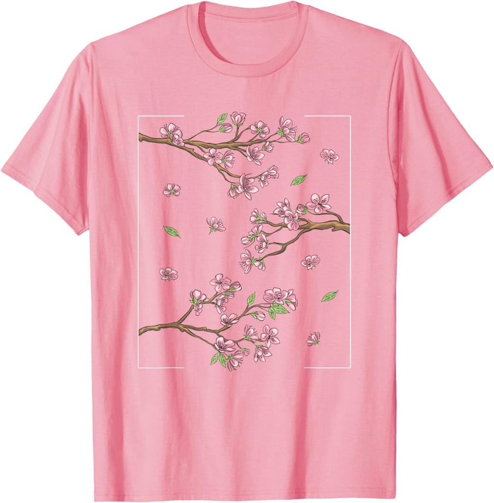 Cherry Blossom Sakura Tree Graphic Tee Japanese Style Casual Short Sleeve T-Shirt for Men Women
