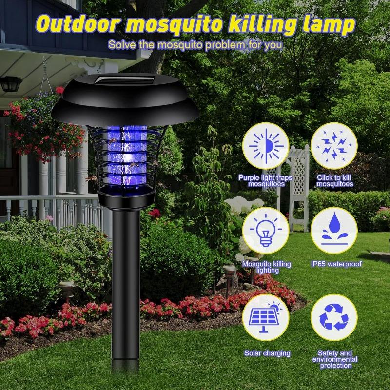 4Pcs Solar Bug Zapper Waterproof Mosquito Killer and Lighting Repellent Lamp for Indoor Outdoor Use Garden Patio Purple and White Light(Plastic,Black)