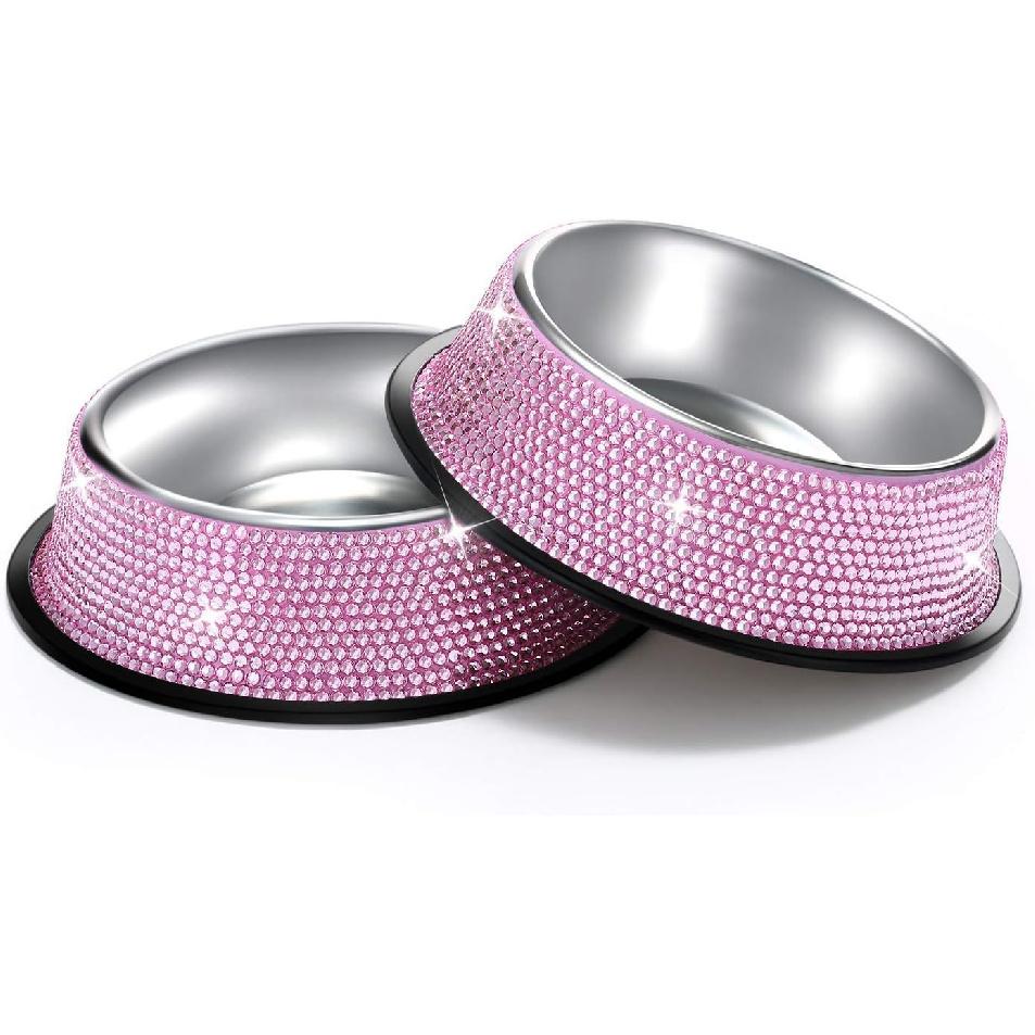 SAVORI Bling Dog Bowls Pink, 640ML Handmade Bling Rhinestones Stainless Steel Pet Bowls Double Food Water Feeder for Puppy Cats Dogs - Set of 2