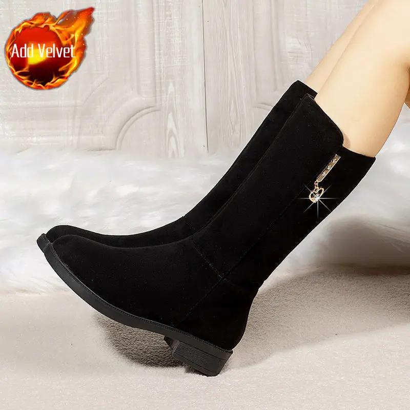 

Черные меховые элегантные туфли на низком каблуке с высоким голенищем, женские сапоги с круглым носком, длинные, дизайнерские, шикарные, большого размера, теплые 39