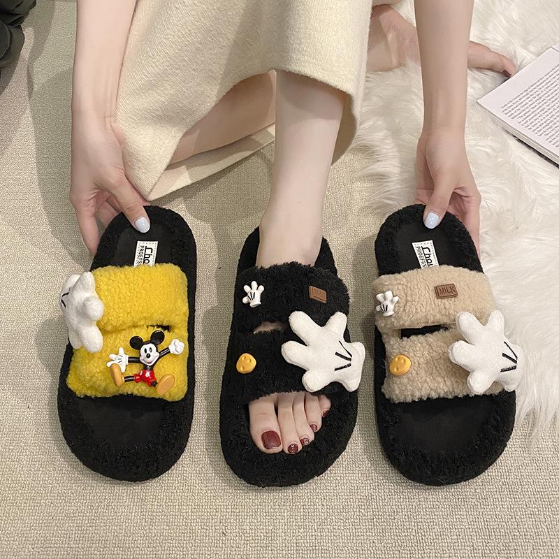 Fashion Soft and Cute One-word Fluffy Shoes for Women To Wear Outside 2025 Autumn and Winter New Thick-soled Cotton Slippers Cotton Slippers