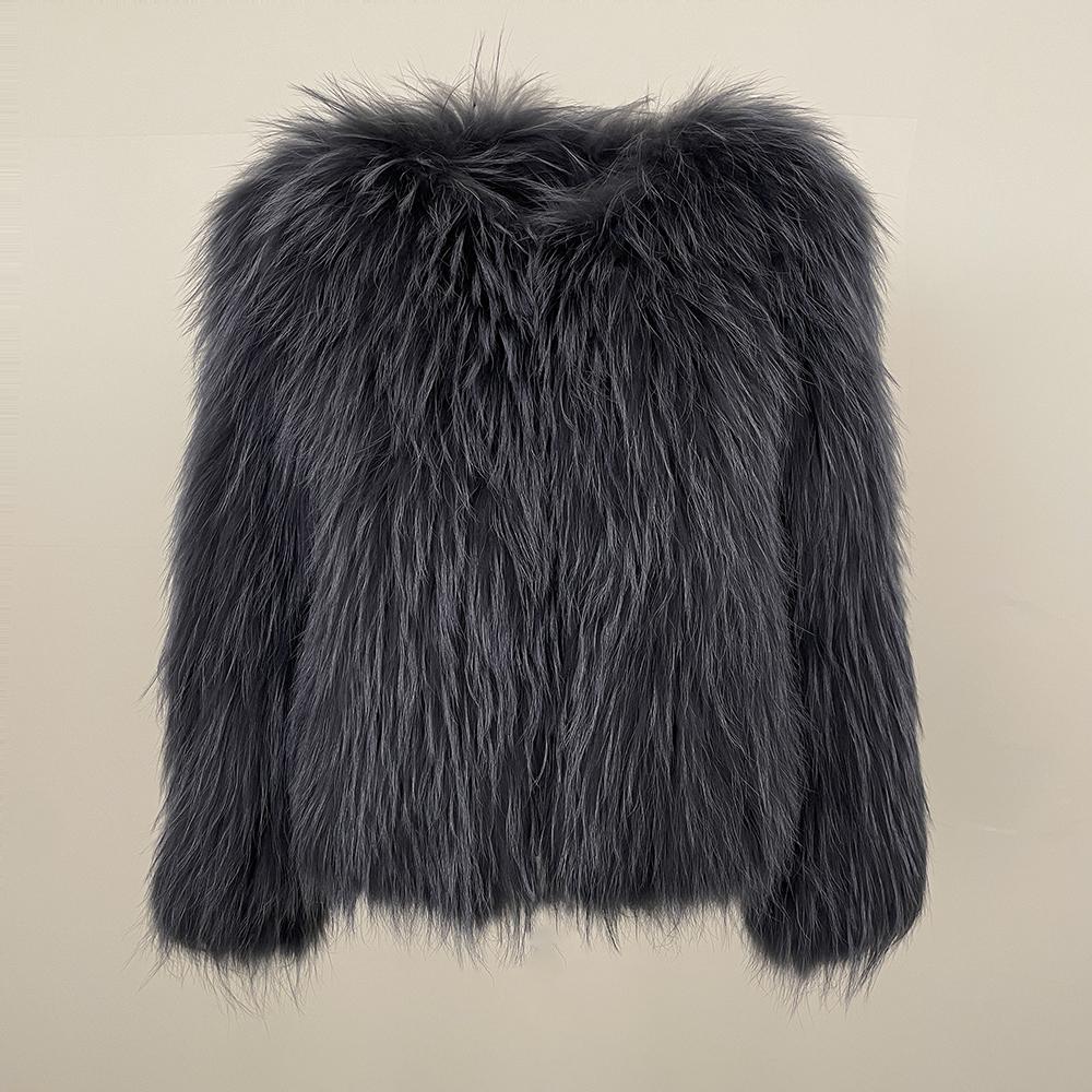 

OFTBUY 2024, осенне-зимняя утолщенная двухсторонняя тканая меховая куртка из натурального меха енота, женская теплая куртка, оптовая продажа, бесплатная доставка XXXS серый