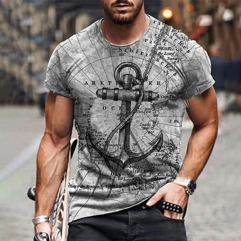 Vintage Men's T-shirt Summer Short Sleeve O-neck 3D Anchors Print Top Tee Shirt Oversized Men's Clothing Casual Streetwear