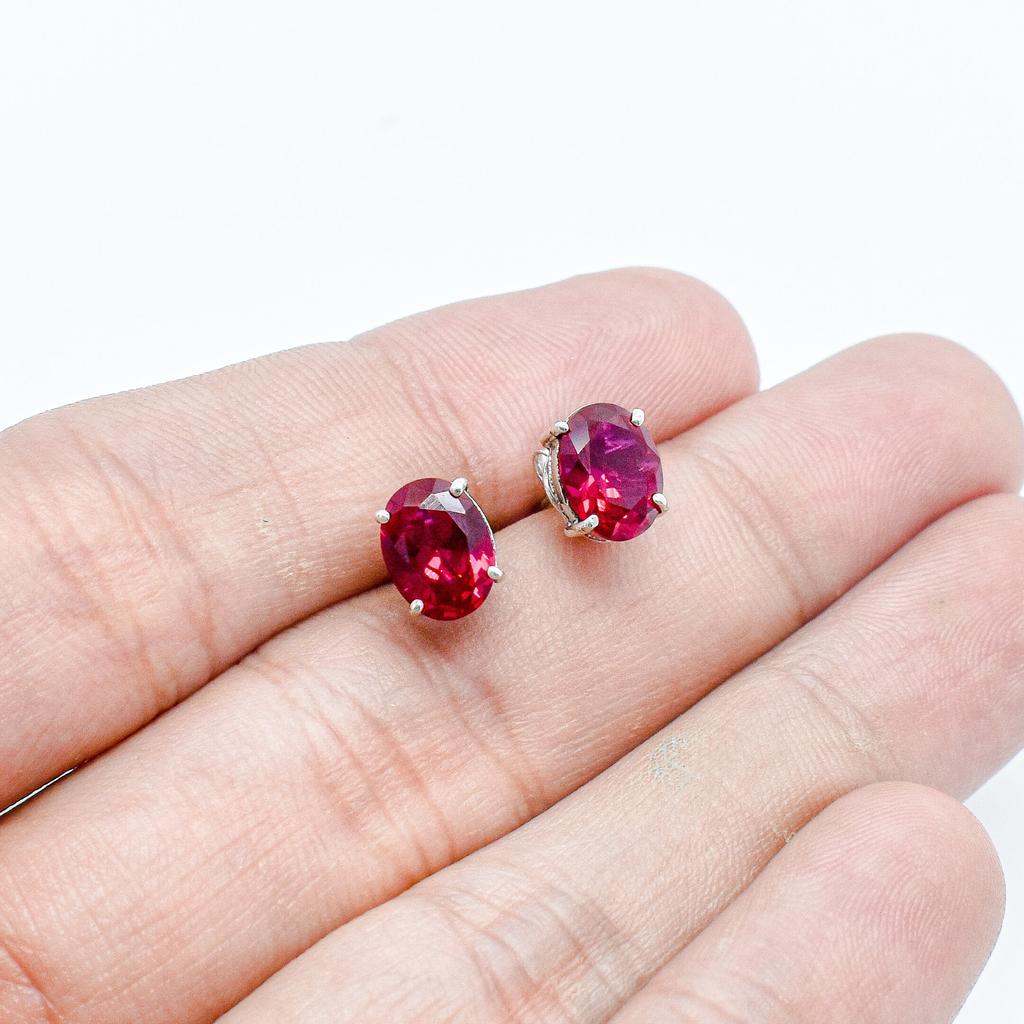 925 Sterling Silver Synthetic Ruby Oval Stud Earrings
