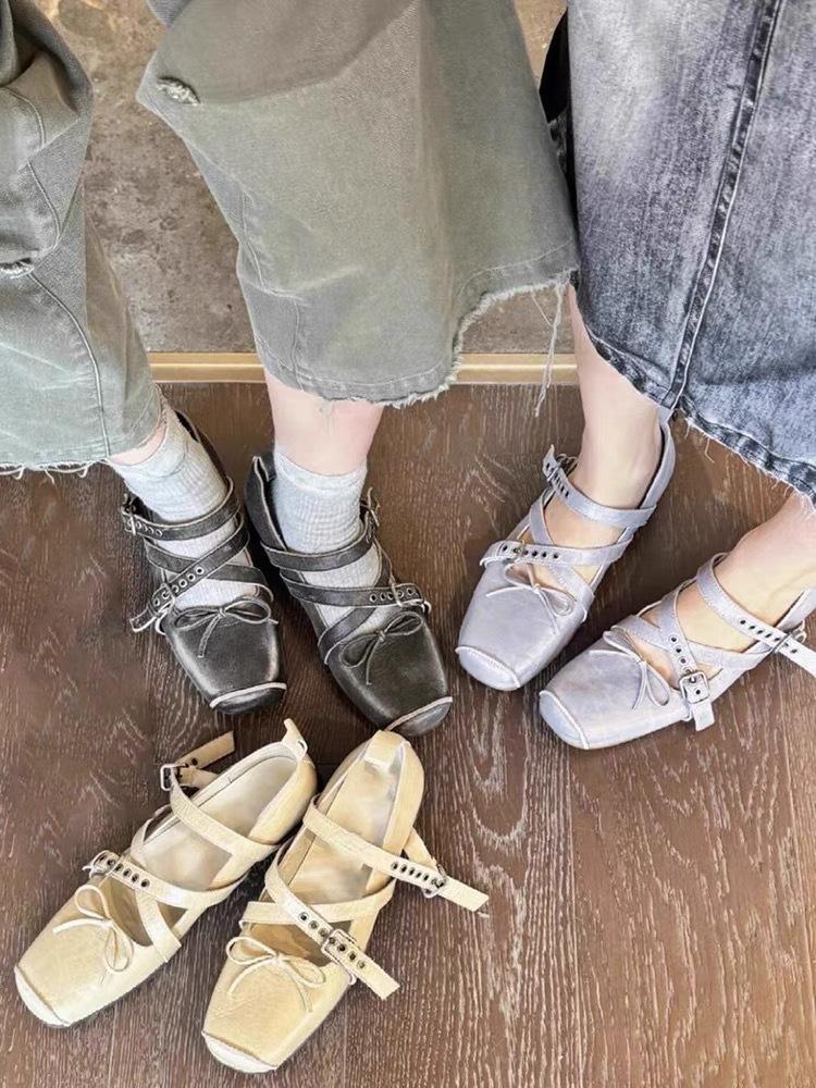 Cowhide Version~ Retro Bow Belt Buckle Ballet Shoes for Women's New Korean Version Pig Nose Mary Jane Single Shoes for Women
