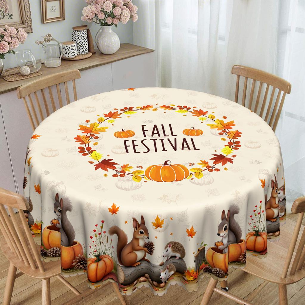 Cute Little Squirrel With Golden Pumpkin, Pastoral Waterproof Tablecloth Between Maple Leaves And Acorns Thanksgiving Decoration