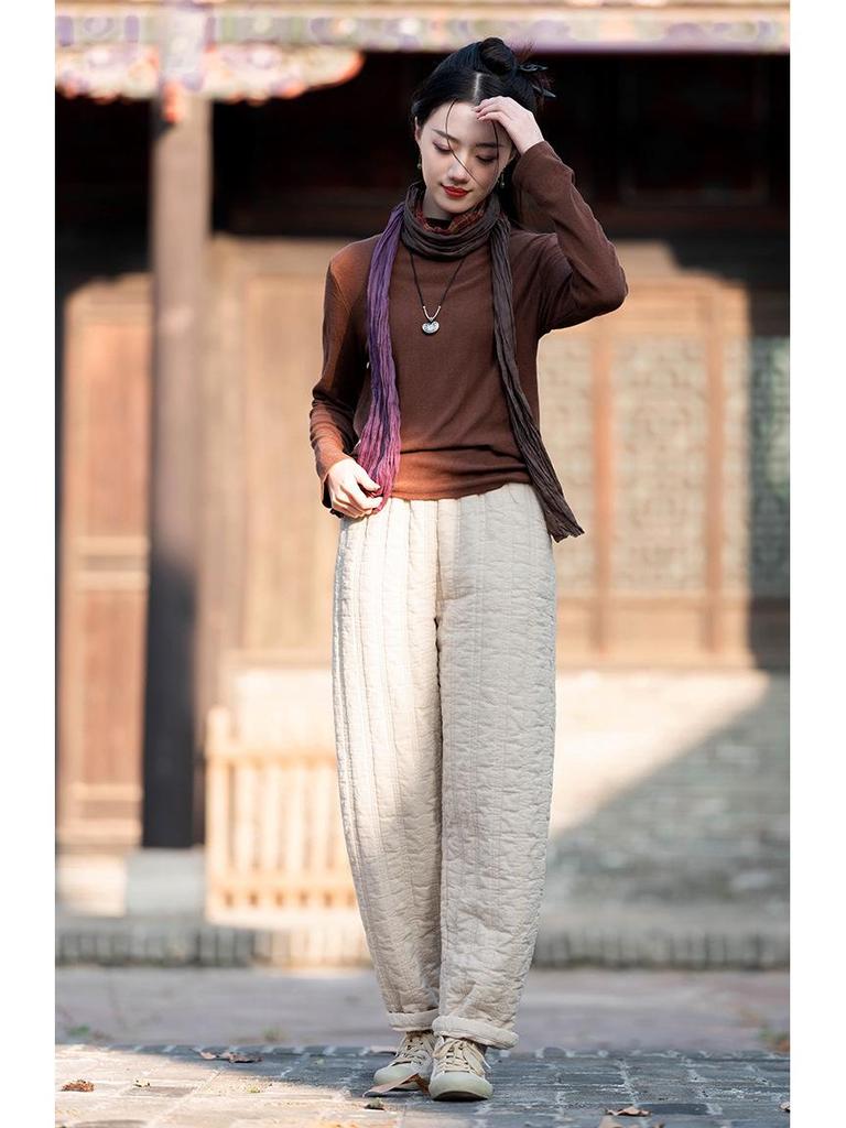 Winter Cotton Linen Women's Quilted Slimming Warm Pants