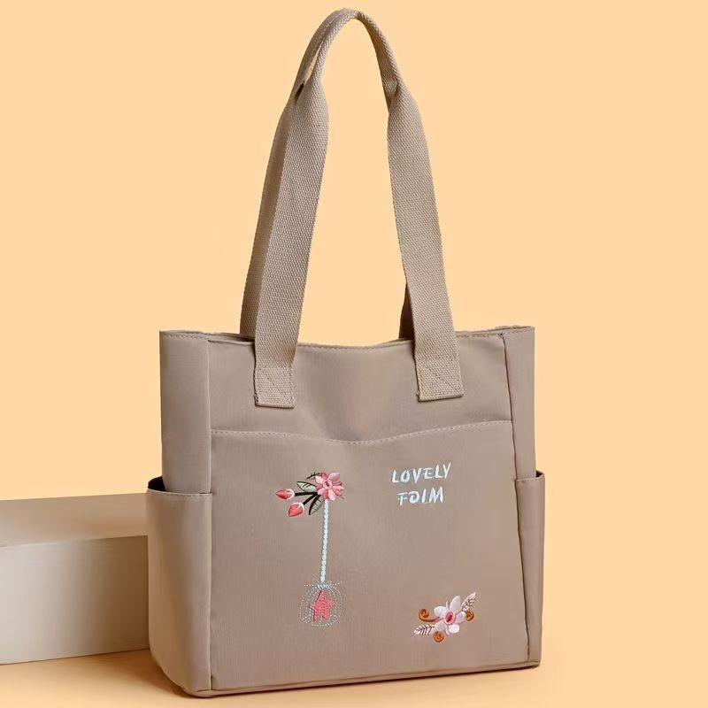 Women Oxford Cloth Tote Bag Embroidered Floral Large Capacity Shoulder Bag Zipper Handbag Multi Pocket Casual Shopper Bag