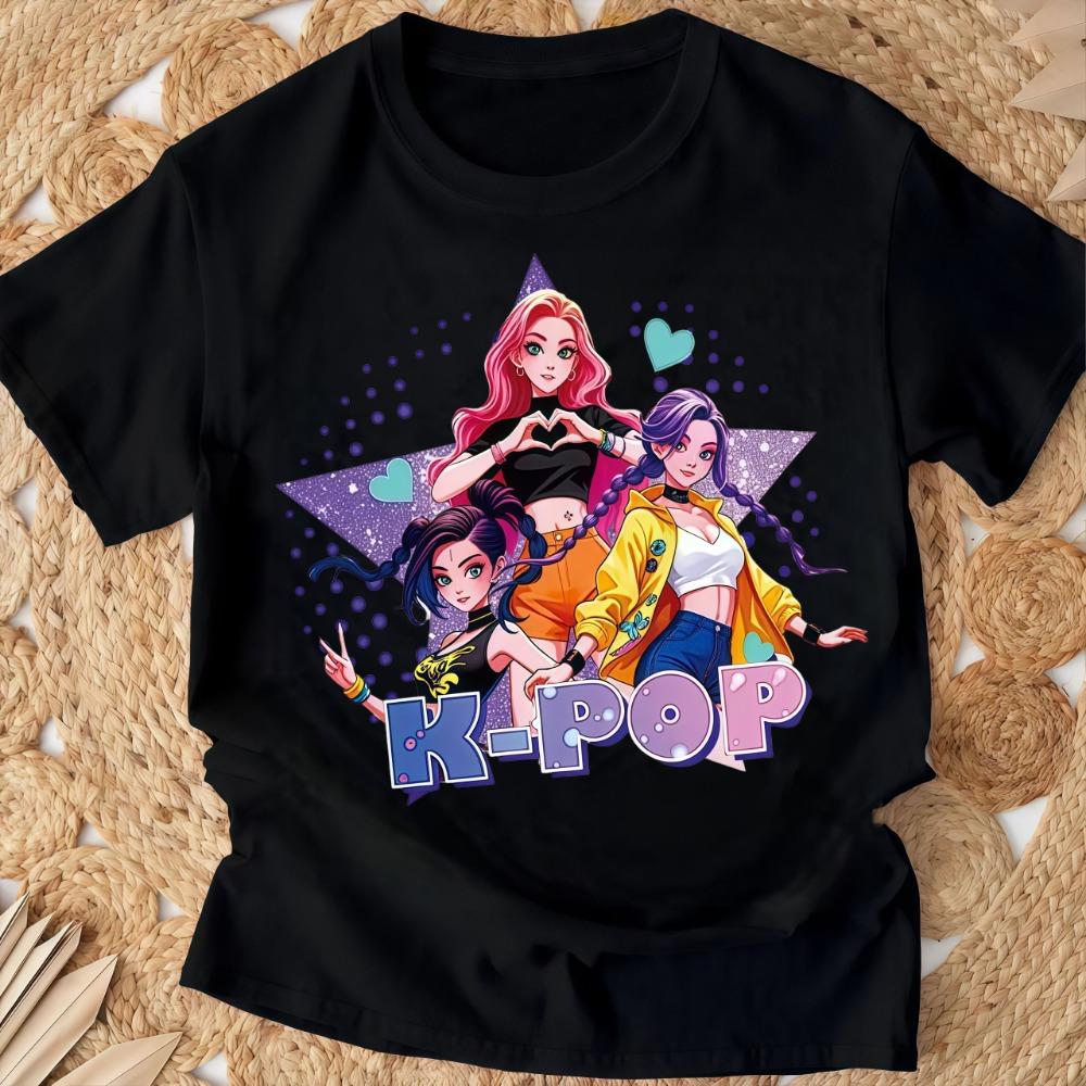 

Girls Round Neck T-shirt Summer Top, School Style, Kpop Children s Short Sleeve, Cartoon Pattern Girls Clothing. 110