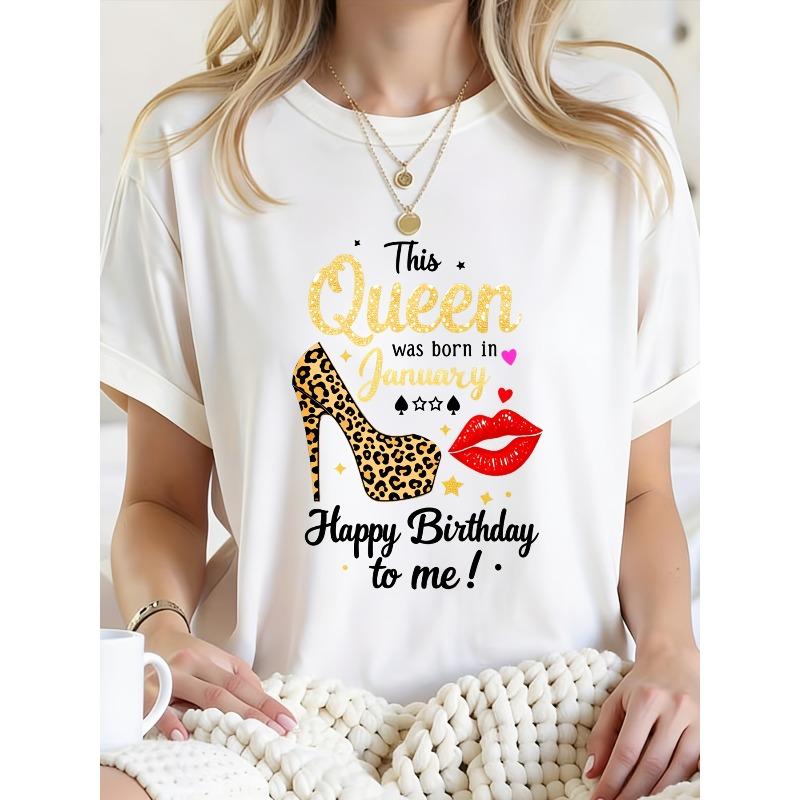 European Size Women'S Short Sleeve T-Shirt - Black T-Shirt with In January Happy Birthday Printed Design, Casual Round Neck, All-Season Fashion Top