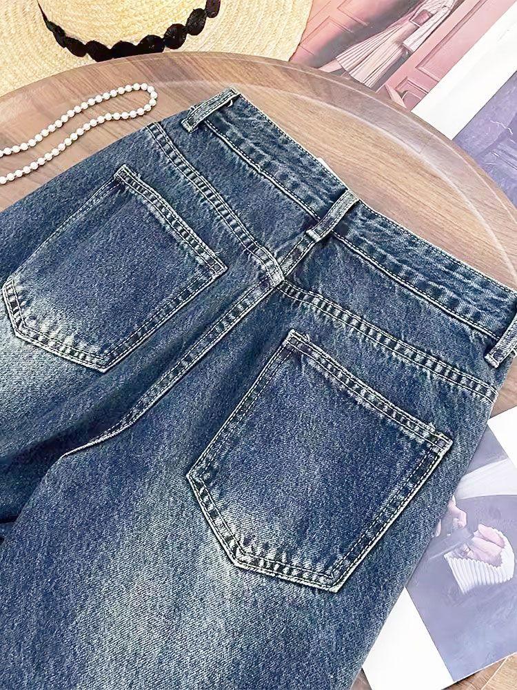 Design Sense Retro Stitching Leopard Print Rolled Jeans Women's Mop Pants Autumn and Winter New Loose Wide-leg Pants Ins