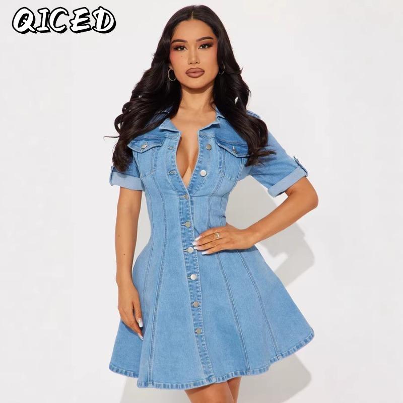QICED Abiti casual estivi primaverili tinta unita con stampa a maniche corte