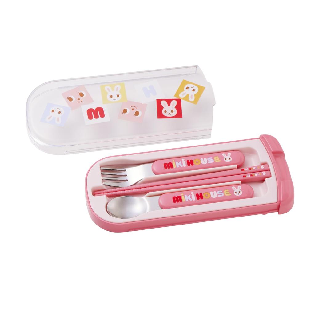 MIKIHOUSE Puzzle Blocks Trio Set Chopsticks Spoon Fork Bear Rabbit Pink Sliding Case BPA Free Dishwasher Safe Japan Kids Kindergarten Cutlery