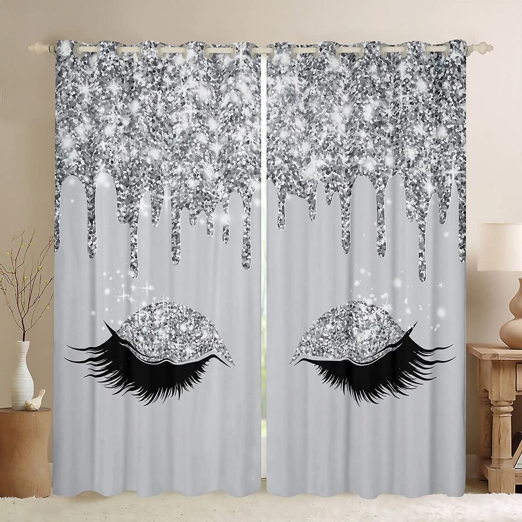 3D Digital Printing Pink Eyelashes with Mackup Eyes, Sunshade Window Curtains, Bedroom, Living Room 2 Pcs