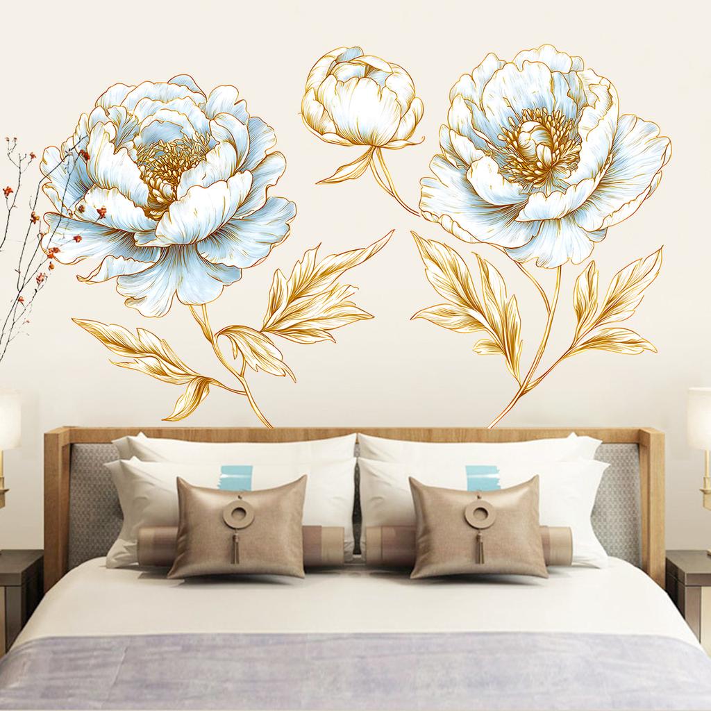 Gold Leaf Flower Wall Sticker Removable Self-Adhesive Background Decor for Bedroom Living Room Home Decoration