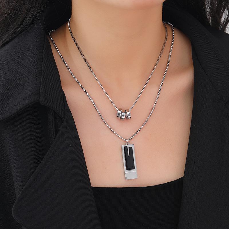 Double-Layer Square Pendant Necklace For Women Vintage Gold Color Sweater Chain Necklace Jewelry