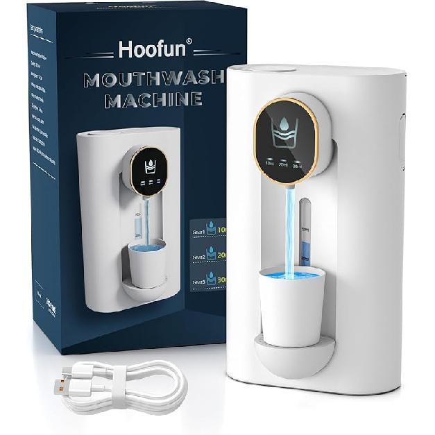 Hoofun Automatic Mouthwash Dispenser for Bathroom, 18.26Oz Wall Mounted Mouth Wash Dispensers with Magnetic Cups, 3 Dispensing Level, Electric белый