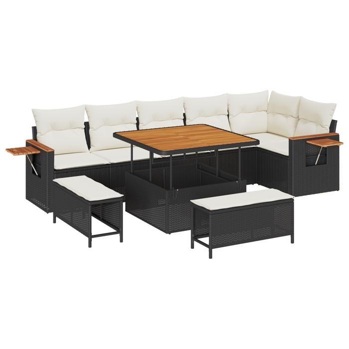 Ensemble de canapés de jardin 9 pièces avec coussins noir poly rotin acacia 3365135