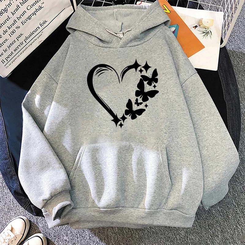 Love and Butterfly Pattern Hoodie Autumn Winter Women Casual Fashion Hip Hop Street Hoodies Simple Fleece O-Neck Sweatshirts