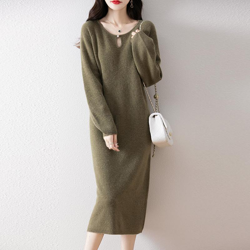 Women Sweater Dress 100% Wool MODERN NEW SAGA O-neck Knit Long Pullover Winter Jumpers Wool Long Dress Female