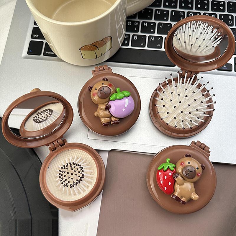 Cute Capybara Folding Massage Comb With Mirror Head Massage Airbag Comb Anti-Static Portable Travel Girl Hair Combs Styling Tool