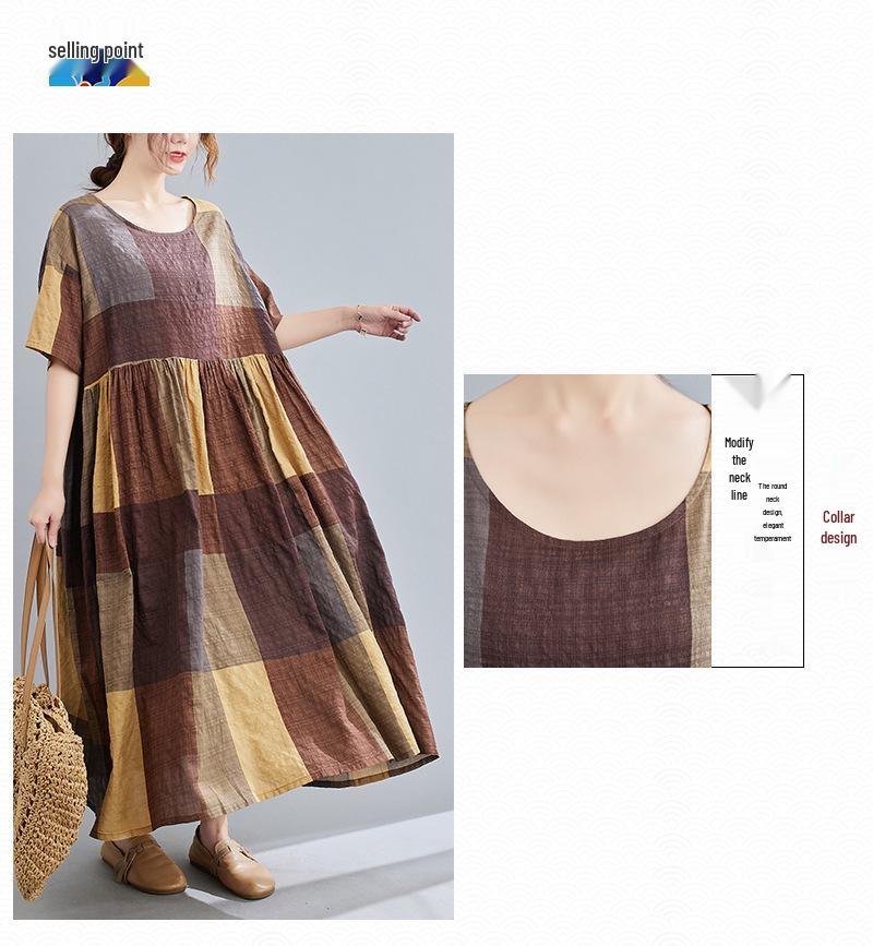 2023 Spring/Summer Plus Size Women's Cotton Linen Print Midi Dress - Short Sleeve