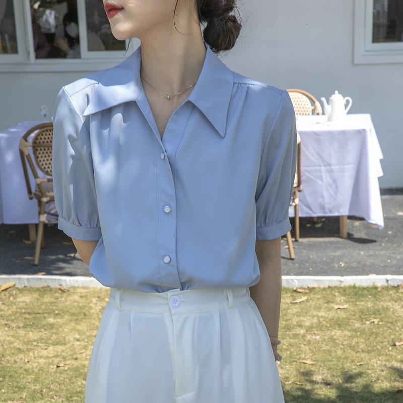 GMXIA Women's Chiffon Shirt Summer Design Tops Loose Slim Lazy Style Short Sleeve Blouse