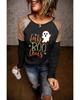 Azura Exchange Black Leopard Boo Ghost Graphic Sequin Raglan Sleeve Top