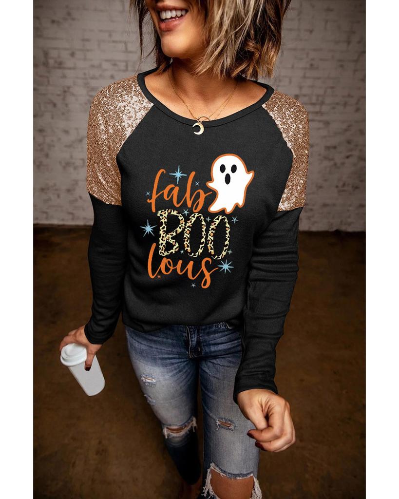 Azura Exchange Black Leopard Boo Ghost Graphic Sequin Raglan Sleeve Top