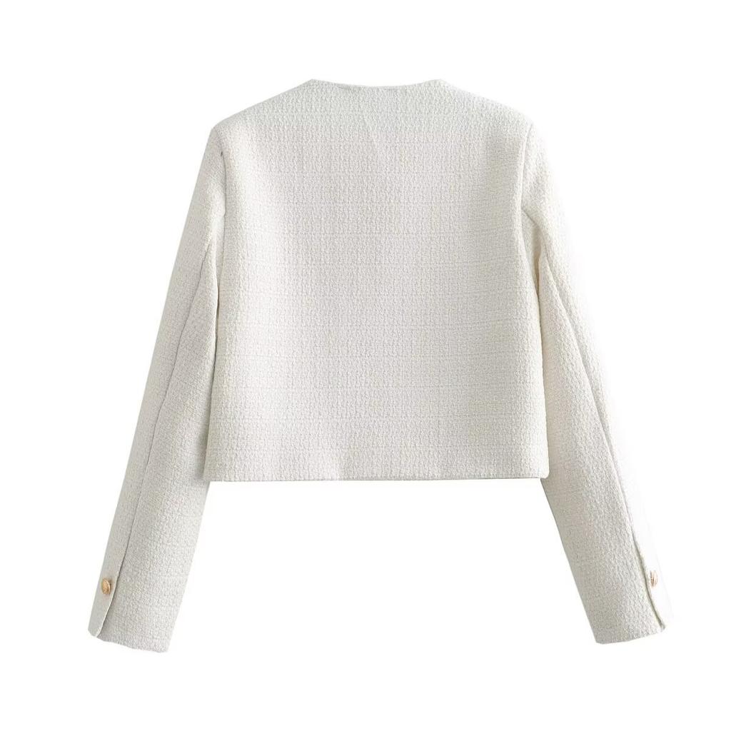 European and American style, new women's clothing textured shoulder padded round neck long-sleeved small fragrant jacket 1202416