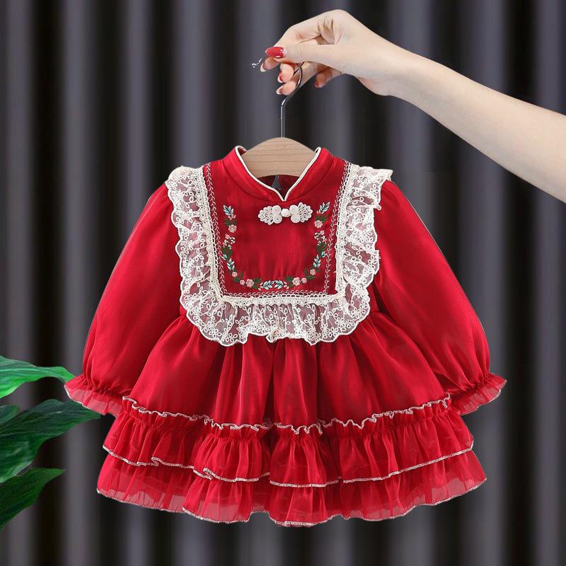 Children's Clothing Girls' Dress Autumn and Winter Children's Chinese Lace Embroidered Long Sleeved Princess Dress Baby