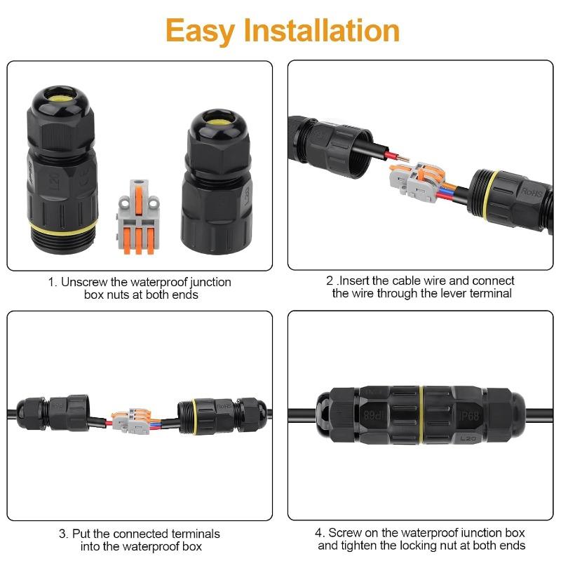 10-Pack IP68 Waterproof 2 Pin Electrical Cable Connector, Outdoor 2 Way Junction Box 4-10mm Adjustable Wire Box, with Replaceable 1 In 2 Out Lever