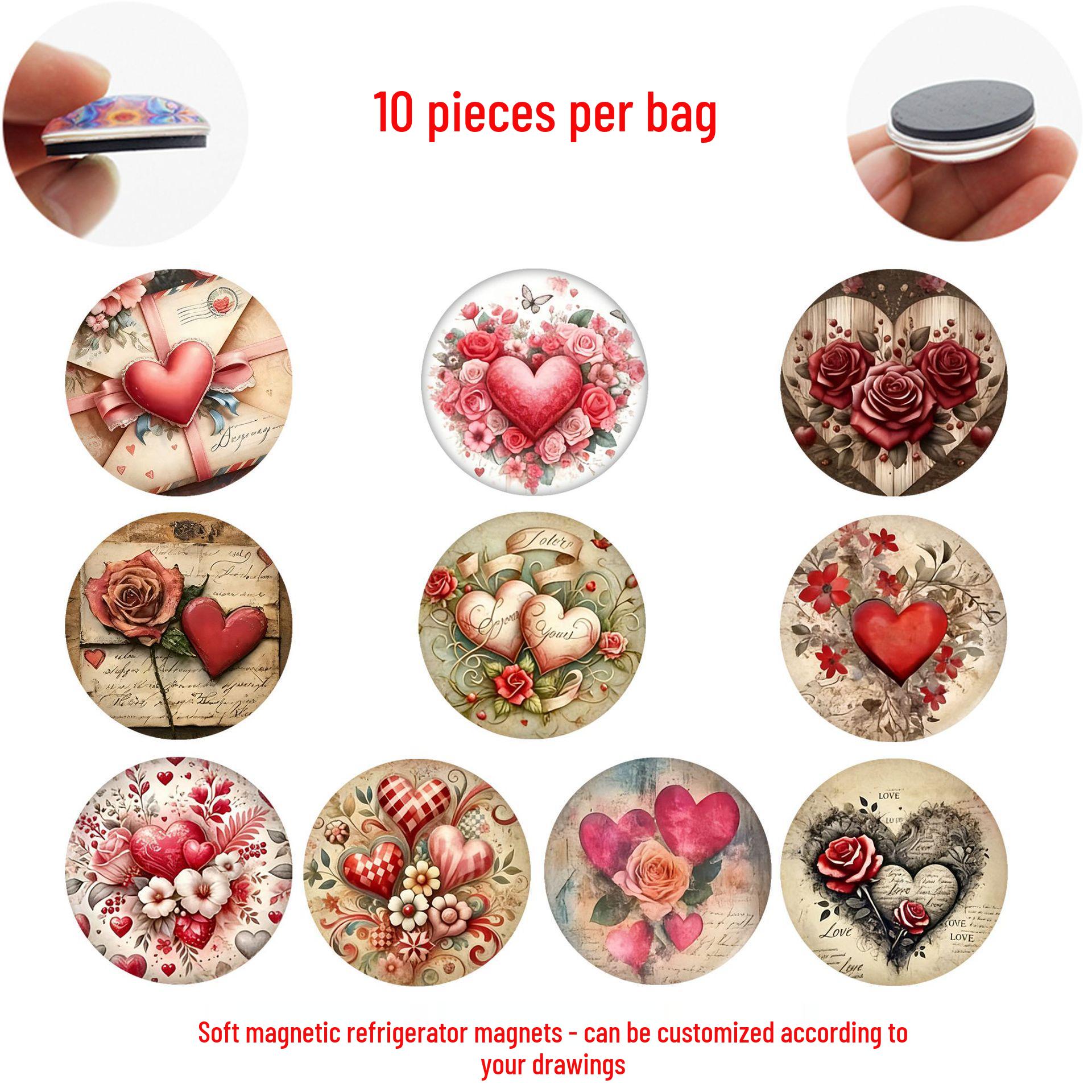 

European Retro Heart Rose Crystal Glass Refrigerator Magnet - Romantic Valentine’s Day Gift 25mm Fridge Magnets Set of 10