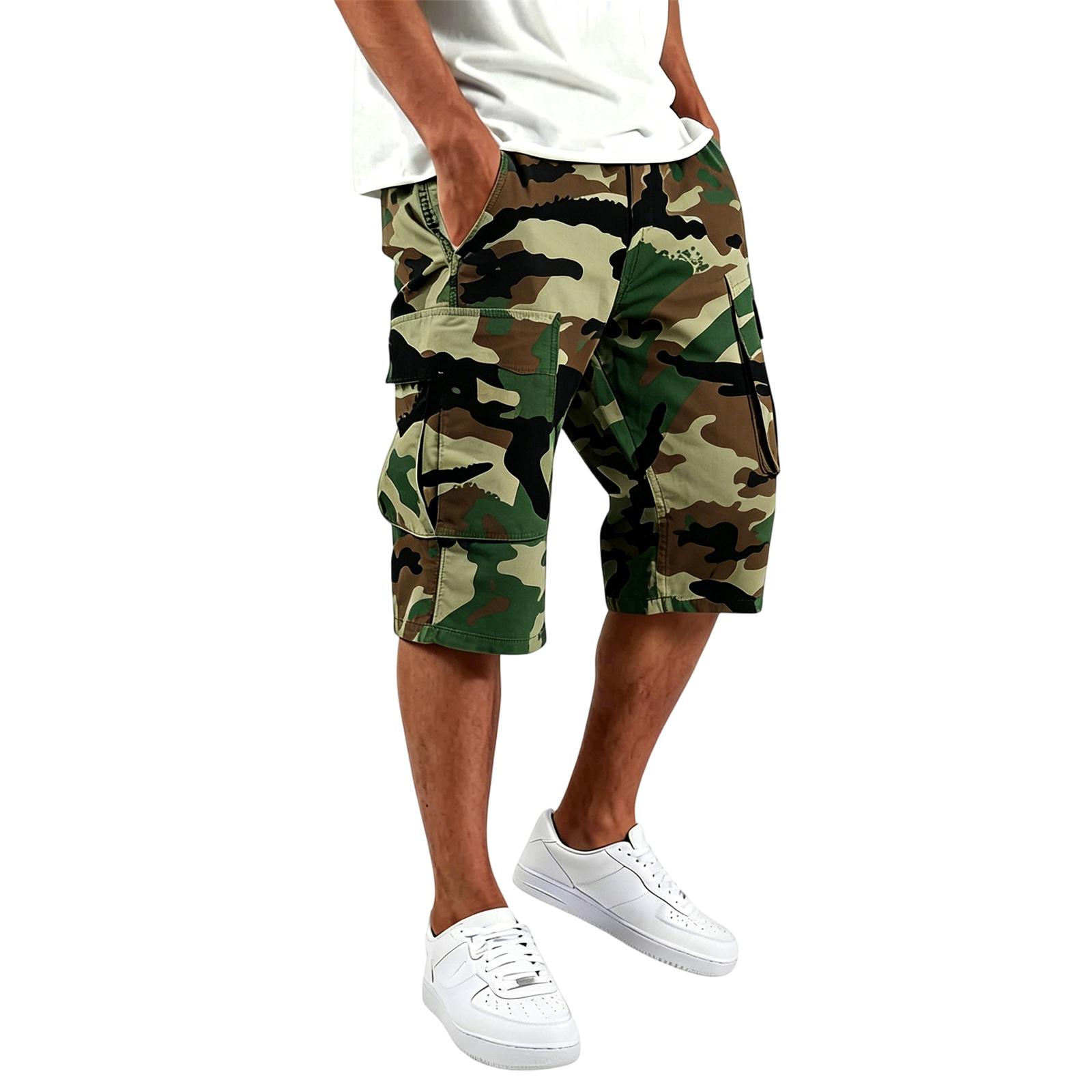 Mens Cargo Shorts Multi Pocket Drawstring Waist Loose Fit Camouflage Print Casual Workwear Knee Length Pants L