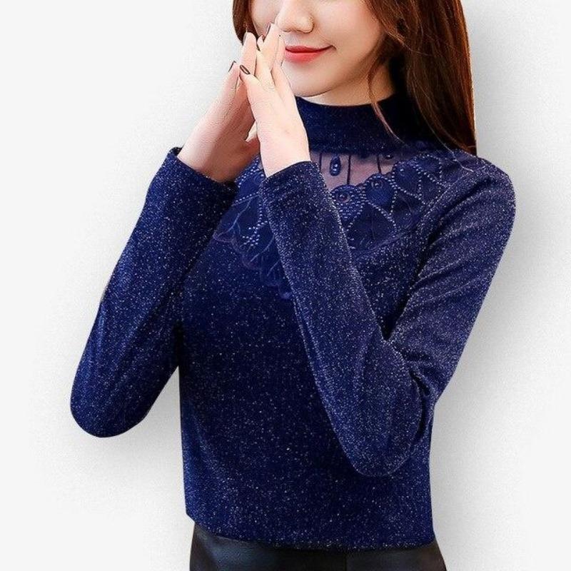 Women Bottom Lace Mesh Diamonds Blouse Autumn Winter Slender Warm Long Sleeves Shirt Elegant Vintage Solid Hollow Out Tops