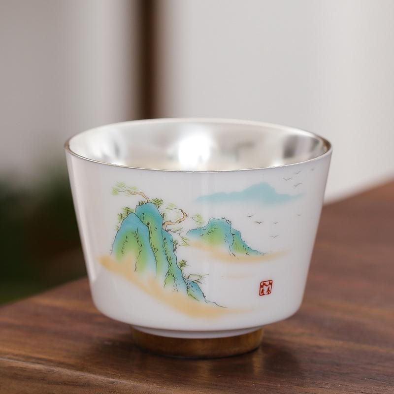 NEW Enamel Color 999 Pure Silver Inner Liner Ruihe Kung Fu Tea Master Cup Home Set Gift Box