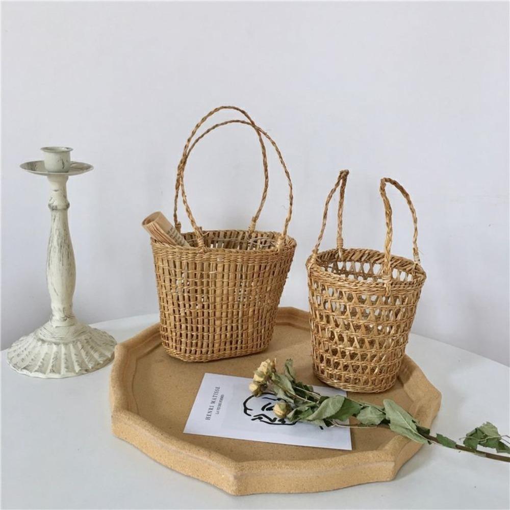 with Handle Straw Woven Basket Handmade Tea Cup Cover Practical Storage Basket
