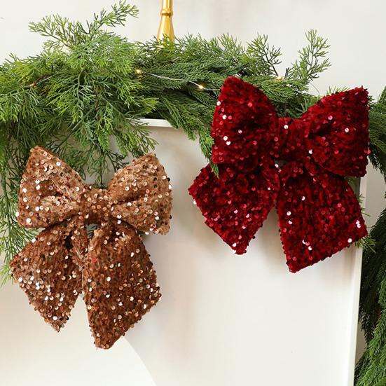 Christmas Bow Red Green Ribbon Bow Xmas Tree Decor Sequined Bow for Windows Doors Gift Wrapping Festive Holiday Decor