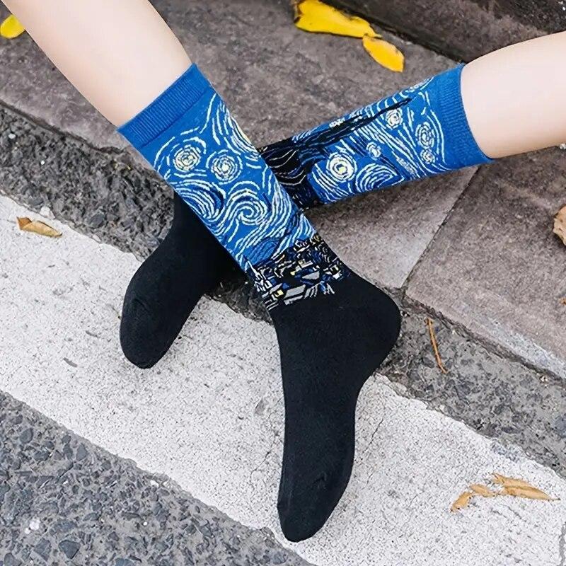 1/2/6 Pairs Men Retro Abstract Art Socks Shout Modern Van Gogh Starry Night Happy Oil Painting Comfort Skateboard Sock
