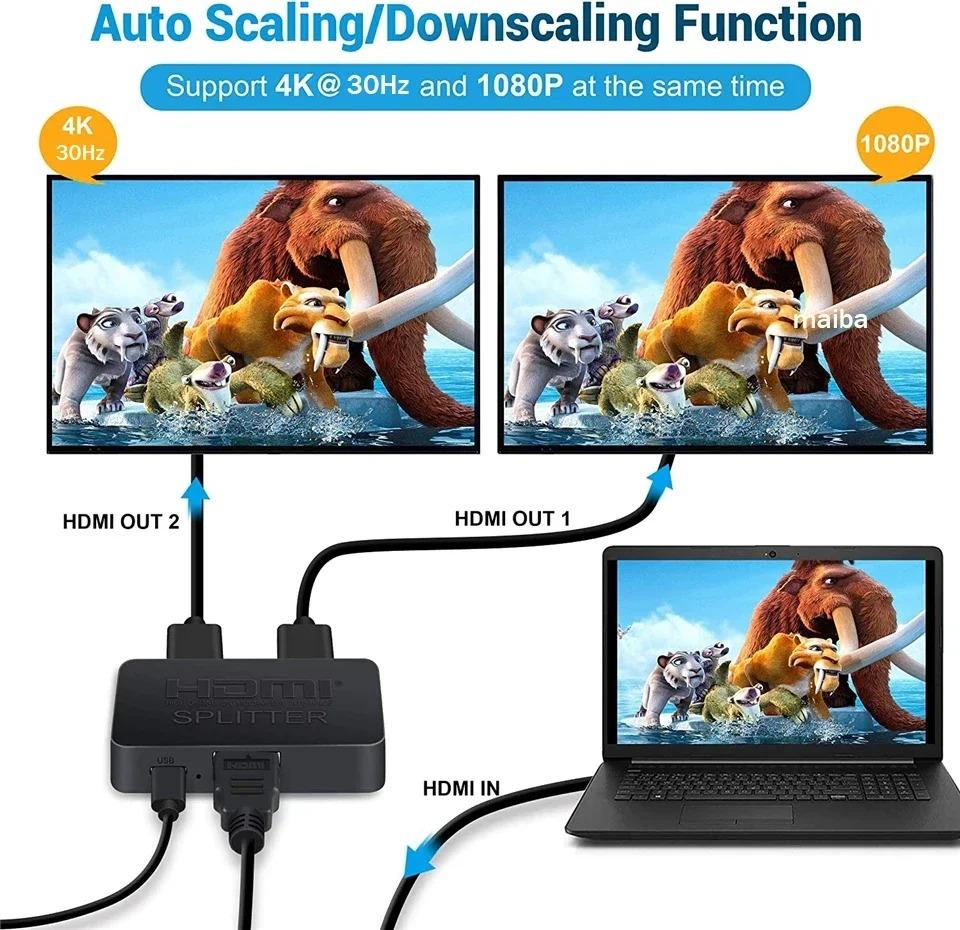 4K 30Hz HDMI Splitter 1x2 HDMI Switch 1 In 2 Out Video Distributor Splitter 1080P Dual Display for TV PC Laptop Monitor Projector HDTV DVD PS3 Xbox