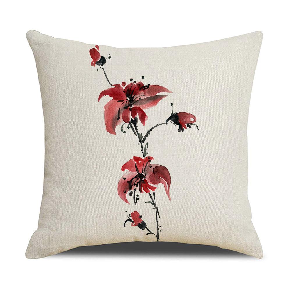 Chinese Style Series Ink Flower and Grass Print Pillow Linen Print New Chinese Style Home Sofa Pillow Living Room Bedroom