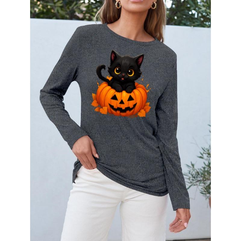 Black Cat Pumpkin Print Women's Round Neck Long Sleeve T-Shirt