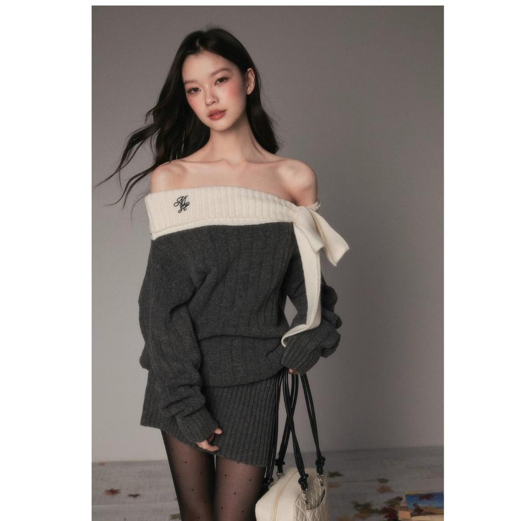 One-Shoulder Bowknot Knit Sweater with Bodycon Skirt Set