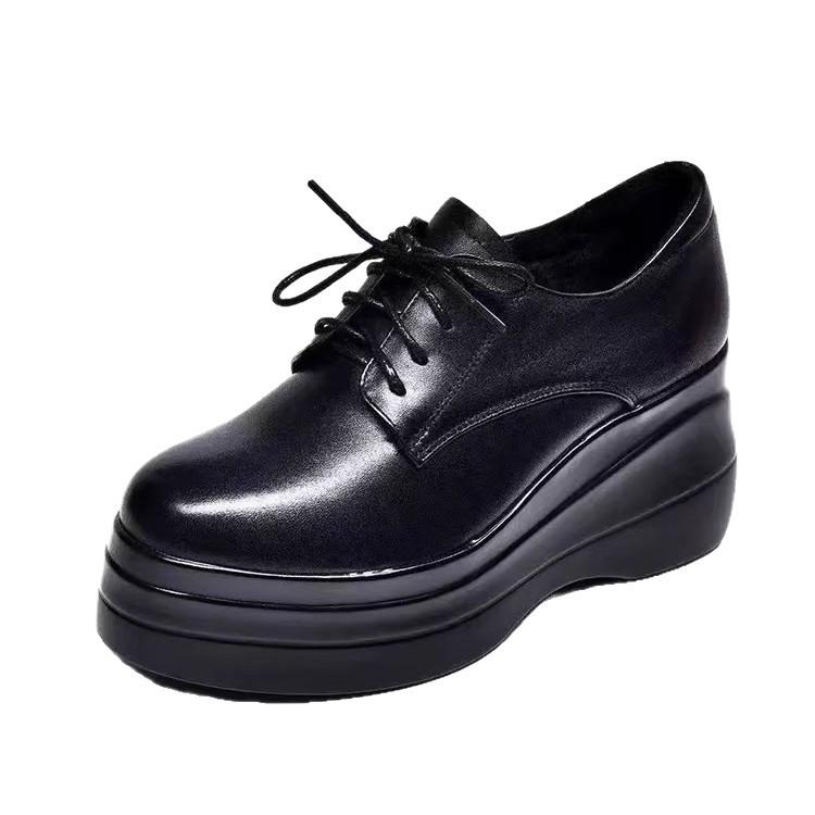 Soft Leather Muffin Bottom Deep Mouth Single Shoes Women 2025 Spring and Autumn New Small Pointed Muffin Shoes Lace Up Small Leather Shoes Women