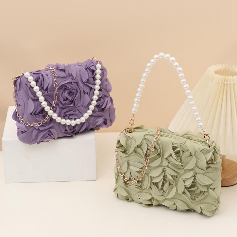 Elegant Women 3D Rose Floral Shoulder Bag Romantic Flower Pattern Pearl Handle Detachable Chain for Prom Graduation