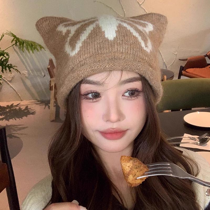 Autumn And Winter Cute Cat Ear Knitted Wool Hat Women'S Warm Ear Protection